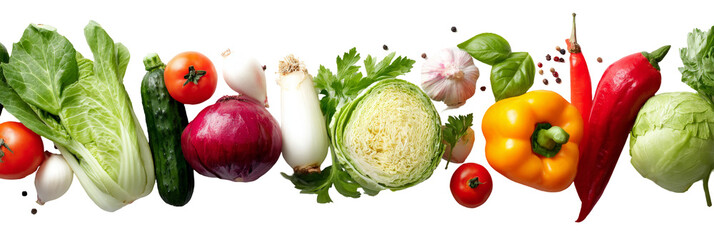A vibrant array of fresh vegetables including tomatoes, peppers, and leafy greens arranged artistically on a white background, perfect for healthy cooking or nutrition-focused content