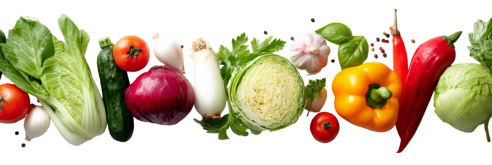 A vibrant array of fresh vegetables including tomatoes, peppers, and leafy greens arranged artistically on a white background, perfect for healthy cooking or nutrition-focused content