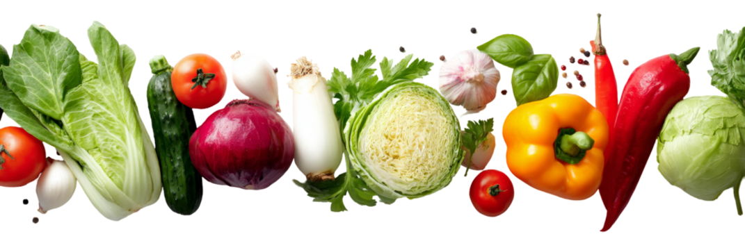 A vibrant array of fresh vegetables including tomatoes, peppers, and leafy greens arranged artistically on a white background, perfect for healthy cooking or nutrition-focused content