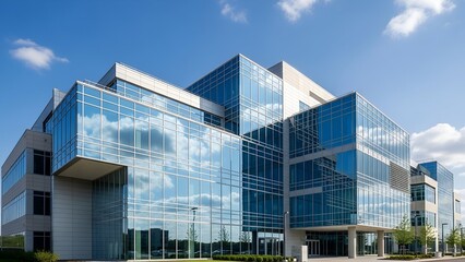 Obraz premium Modern Glass Office Building with Reflective Windows and Blue Sky