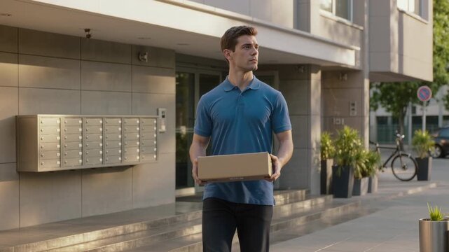 Young male courier in a blue polo shirt walking with a parcel in his hands, leaving a contemporary residential building entrance with mailboxes during a sunny day in the city