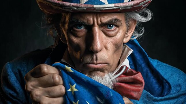 Portrait of man dressed as Uncle Sam holding European Union flag symbolically