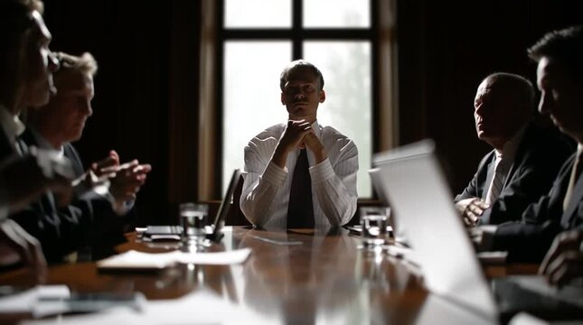 Tense corporate meeting with CEO facing board members in boardroom