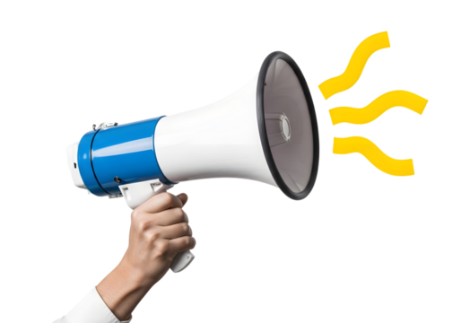 Isolated hand holding megaphone , Hand holding a loud megaphone for public announcement news tool 