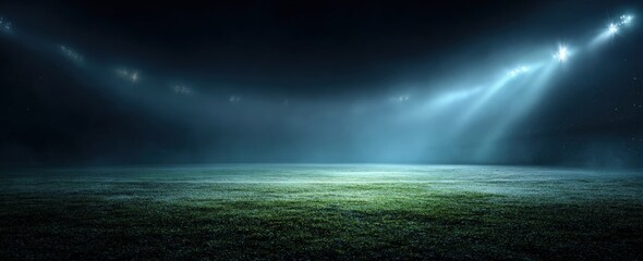 Obraz premium An empty soccer stadium at night, shrouded in darkness and fog, exudes an eerie atmosphere. Flickering spotlights illuminate the green grass, enhancing the suspenseful mood.
