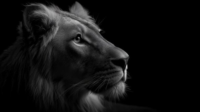 Powerful lion head in dramatic black and white lighting