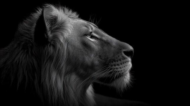 Black and white portrait of lion on dark background