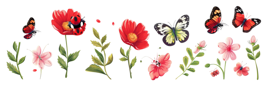 A vibrant illustration of colorful flowers and butterflies, showcasing nature's beauty with a lively arrangement that could enhance designs for spring-themed projects