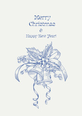 Toile Vintage Christmas Vector illustration bells with ribbons and holly berries. Background for design holiday decor, greeting card, invitation, poster. Hand drawn engraved elements. Blue beige