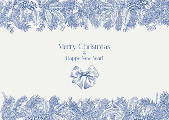 Vintage Christmas botanical borders fir branches holly mistletoe berries, bow. Vector illustration. Background for design greeting card, holiday decor, poster. Hand drawn engraved elements, blue beige