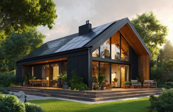 A sleek modern house showcases solar panels and a stylish black facade, complemented by a wooden terrace in a lush garden, all bathed in the warm glow of sunset, embodying sustainable living.