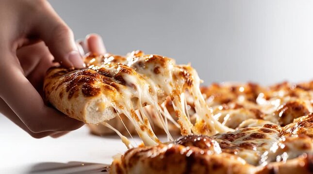 Pulling a cheesy pizza