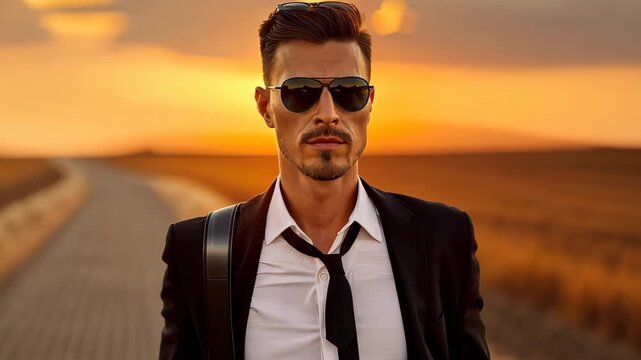 Sophisticated Stroll at Sunset: A sharply dressed man, donning stylish sunglasses, takes a confident stride on a rural road. The warm, golden hues of sunset envelop the scene.