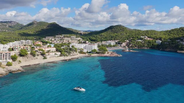 Aerial View of Camp de Mar Bay: Luxury Hotels, Yachts, and the Iconic Illeta Island Restaurant, Mallorca 