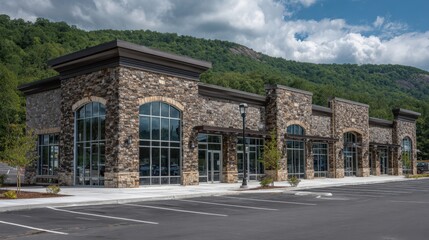Naklejka premium A new retail store with elegant stone and glass accents sits in a picturesque West Virginia mountain valley, bathed in sunlight, ready for sale or lease. A vibrant commercial opportunity awaits.
