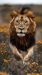 Obraz premium Majestic Lion Jumping Through Savanna Wilderness Habitat During Safari Showcasing Natural Wildlife Ecology and Powerful Carnivore In Action