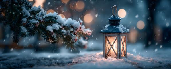 Christmas Lantern On Snow With Fir Branch. Winter Landscape