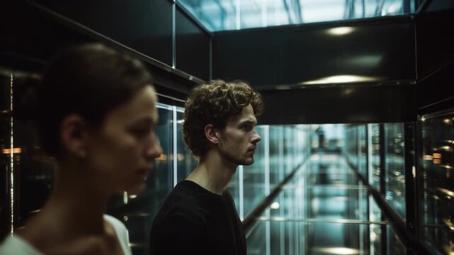 Focused couple riding in a transparent elevator with glass walls and neon lights in a contemporary building, watching the floors go by as the cabin descends through a modern architectural space