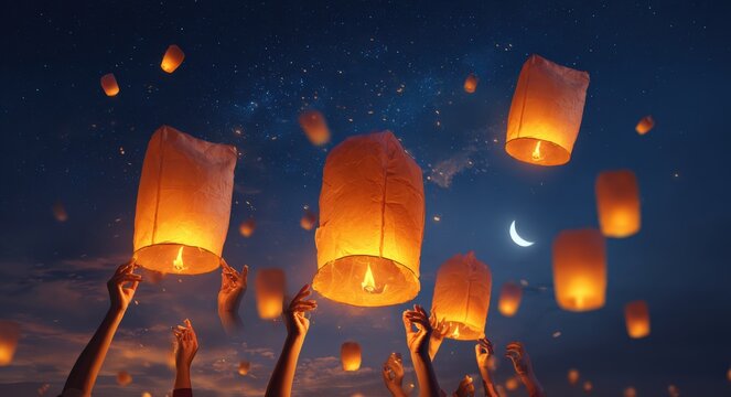 A captivating scene of people releasing glowing lanterns into a starry night sky during a Chinese lantern festival, radiating warmth and hope against a backdrop of a crescent moon.
