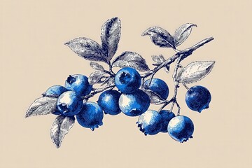 A vintage-inspired black and white illustration of blueberries with leaves on a branch, perfect for logo design or sticker prints, evokes a classic, artisanal feel.
