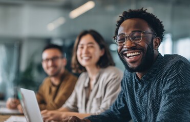 A joyful, diverse group of young professionals collaborates in an office setting, sharing ideas and laughter while working on laptops around a table in bright daylight.
