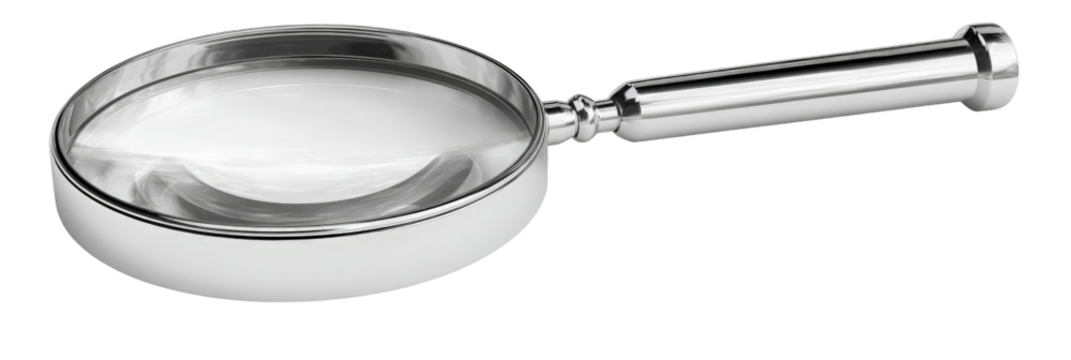 A close-up view of a polished magnifying glass with a sleek handle, positioned on a clean surface, highlighting its reflective qualities and showcasing its potential use in detailed examination or rea