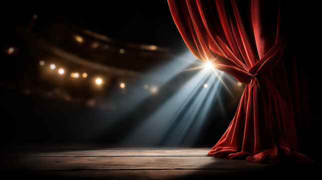 Opening theater curtain revealing stage dramatic presentation performance beginning theatrical reveal show start entertainment venue curtain rise with copy space