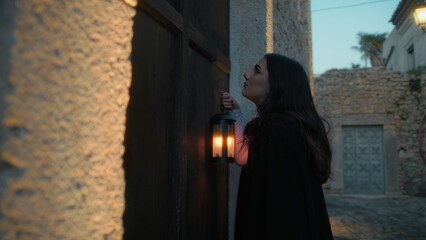 Fototapeta premium Woman Knocks On Door With Lantern At Night In Medieval City