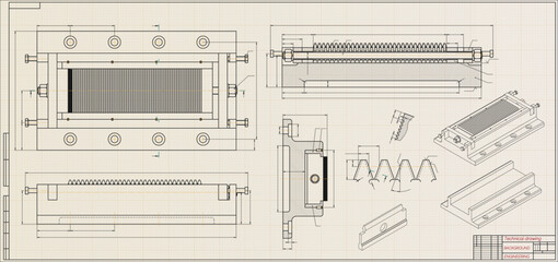 Mechanical engineering drawings on light background. Cutting tools, milling cutter. Technical Design. Cover. Blueprint. Horizontal seamless pattern. Vector illustration.