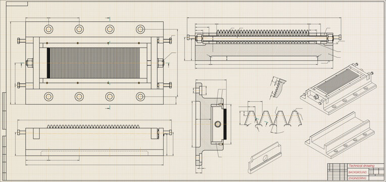 Mechanical engineering drawings on light background. Cutting tools, milling cutter. Technical Design. Cover. Blueprint. Horizontal seamless pattern. Vector illustration.