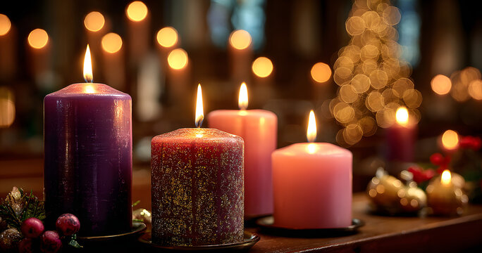 Advent Candles In Church - Three Purple And One Pink As A Catholic Symbol And Bokeh Lights
