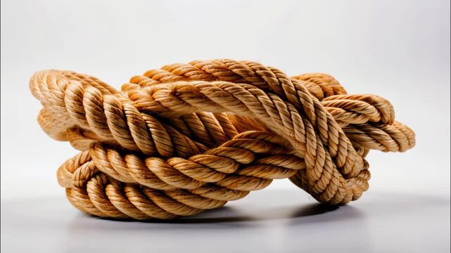 Tangled Rope: A close-up view presents a tightly woven, thick rope, intricately knotted and coiled, evoking the strength and texture of maritime life. 