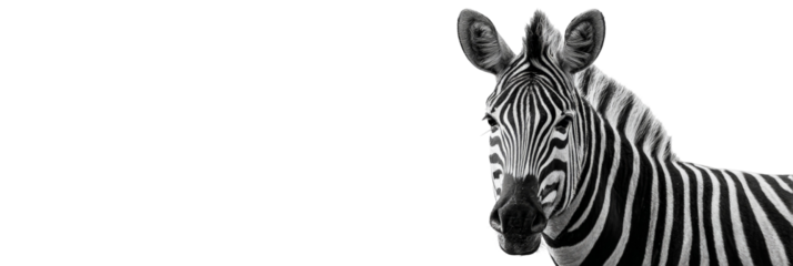 A close-up portrait of a zebra showcasing its distinctive black and white stripes, set against a plain background, ideal for educational materials or wildlife-themed projects