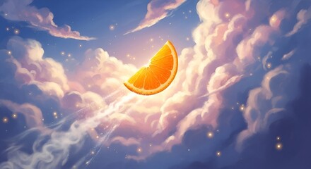 Vivid Orange Slice Flying Through Colorful Cloudy Sky with Sparkles and Light Rays