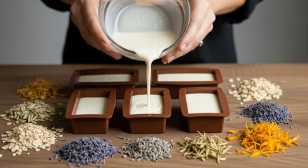 A close-up shot of a person pouring natural oils from small glass beakers into a creamy white soap base in a wooden bowl, then stirring the mixture with a wooden spoon to blend the ingredients