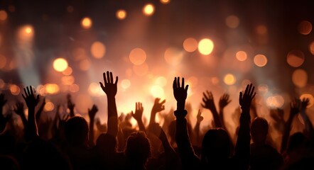 A joyful crowd silhouetted with hands raised high, celebrating against a vibrant rock and roll party backdrop filled with dazzling bokeh lights, capturing the spirit of live music and festivity.