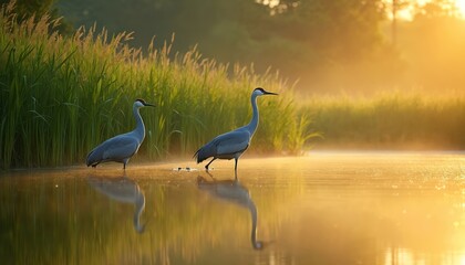 Obraz premium Two grey cranes stand in shallow water near reeds at sunrise. Golden light reflects on the lake surface. Birds forage in calm morning mist creating peaceful wildlife scene.