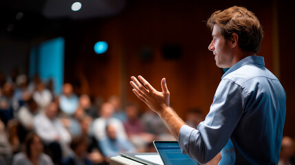 Lecture at convention center faceless speaker presenting conference event professional gathering educational seminar business presentation auditorium setting corporate