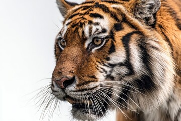 Fototapeta premium A stunning close-up portrait of a magnificent tiger, showcasing its intricate details and striking features against a clean white background. Perfect for highlighting the beauty of wildlife.