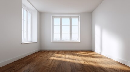 A minimalist empty room with white walls and a wooden floor, illuminated by natural light from a window. Ideal for backgrounds in advertising, graphic design, or web banners.