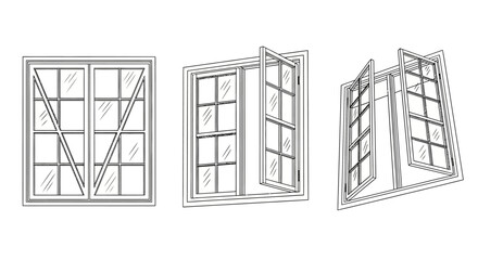 Open Double-Casement Window Vector Set - Black and White Architectural Outline