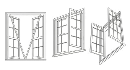 Open Double-Casement Window Vector Set - Black and White Architectural Outline
