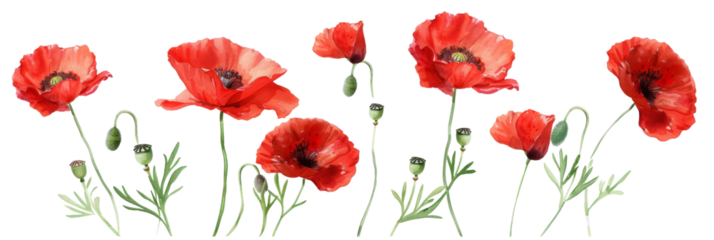 A vibrant arrangement of red poppy flowers swaying gently in a soft breeze, set against a clear blue sky, symbolizing beauty and nature's resilience