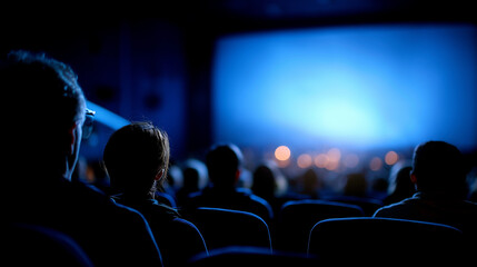 Empty cinema screen with faceless audience silhouettes movie theater entertainment venue film screening defocused crowd projection screen theatrical setting with copy space