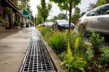 Naklejka premium A vibrant urban street scene featuring a rain garden with native plants integrated into the pavement. Parked cars line both sides, and trees provide shade along the sidewalk on a sunny summer day. 