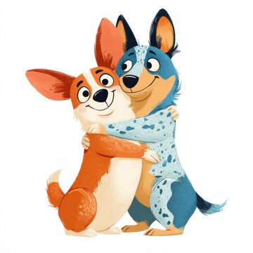 Two adorable cartoon dogs engage in a warm embrace, showcasing the heartwarming bond of friendship. Perfect for children's products, this playful design radiates joy and love.