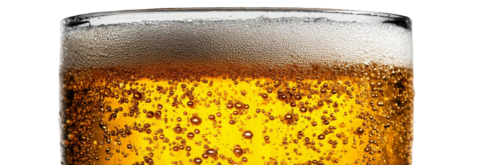 A close-up view of a frosty glass of beer filled with golden liquid and bubbles, set against a blurred background that suggests a lively bar atmosphere