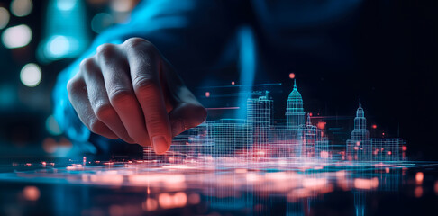 An architect brings architectural designs to life with 3D holographic construction models. Generative AI.