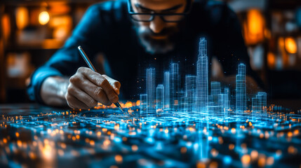 An architect brings architectural designs to life with 3D holographic construction models. Generative AI.