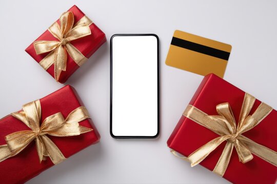 A festive Christmas sale banner composition featuring a cell phone, a red gift box, and a credit card. The gift box is adorned with gold ribbons, creating a cheerful and inviting scene.